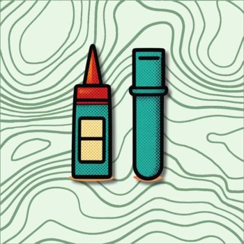 Dois frascos ilustrados em animação simples sobre fundo ondulado