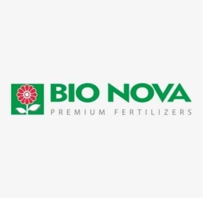 Logótipo BIO NOVA com texto PREMIUM FERTILIZERS e ícone de flor vermelha
