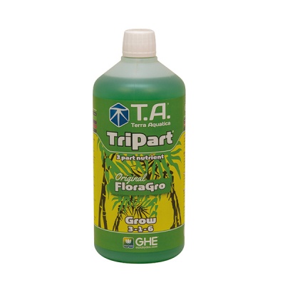 Garrafa plástica verde de fertilizante TriPart Original FloraGro com rótulo amarelo e verde