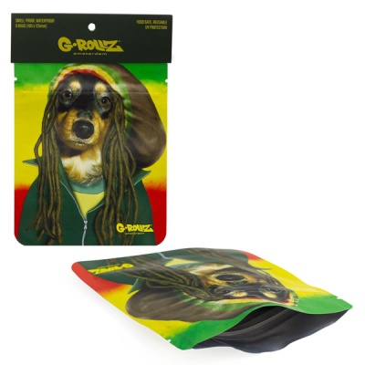 Pacote e saco colorido reutilizável com imagem de cão com dreadlocks em fundo verde, amarelo e vermelho.