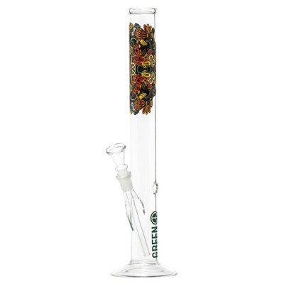 Cachimbo de vidro com padrão colorido e texto verde
