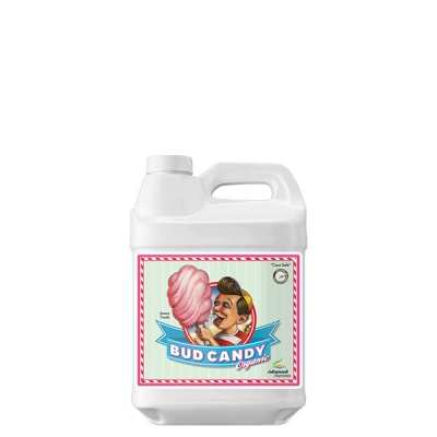 Garrafa branca com etiqueta BUD CANDY Organic e imagem de homem com algodão doce cor de rosa