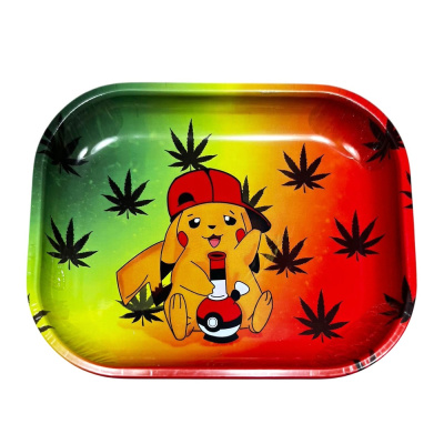 Tabuleiro colorido com personagem estilo Pikachu e folhas de cânhamo pretas