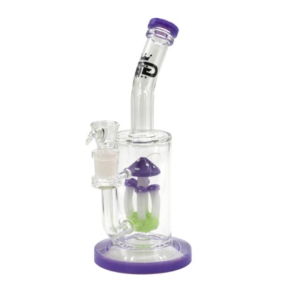 Bong de vidro transparente com cogumelos decorativos roxos