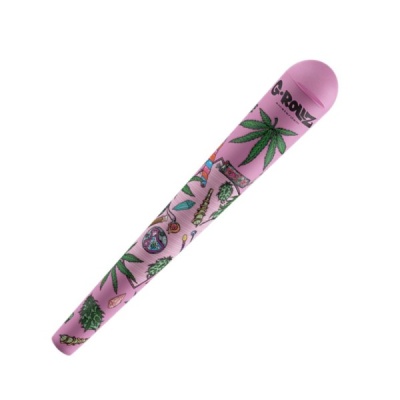 Estojo rosa com desenhos de cannabis e texto G-ROLLZ