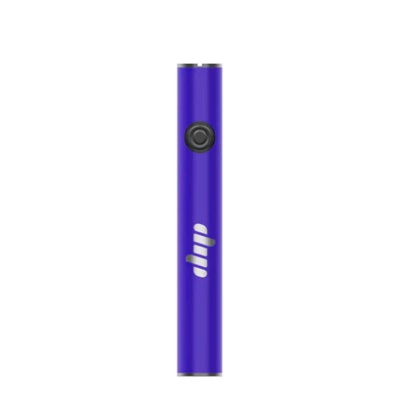 Dispositivo cilíndrico azul roxo com botão preto e logótipo branco