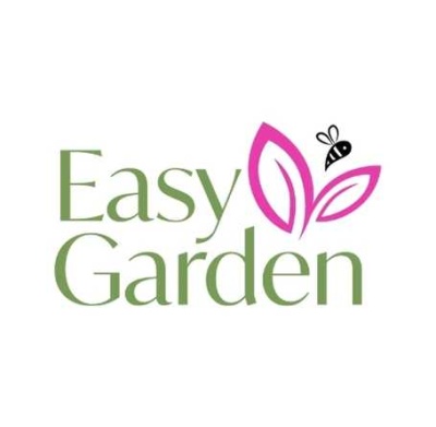 Logótipo Easy Garden com folhas cor-de-rosa e abelha preta