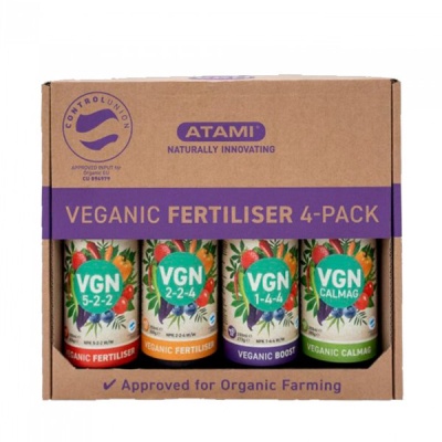 Pack 4 fertilizantes vegânicos Atami em cartão com faixa roxa e selo Controlunion