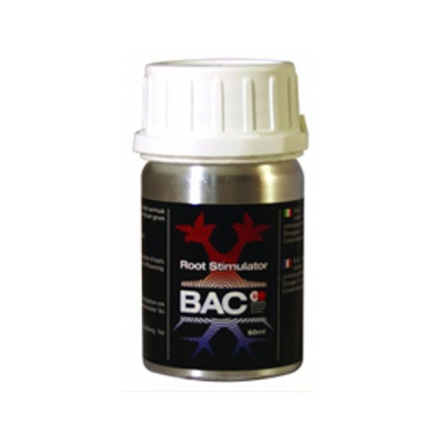Frasco metálico com tampa branca e etiqueta preta de produto BAC Root Stimulator