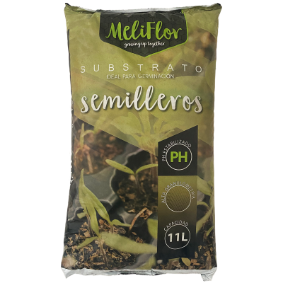 Saco de substrato para sementeiros Meliflor verde com planta jovem