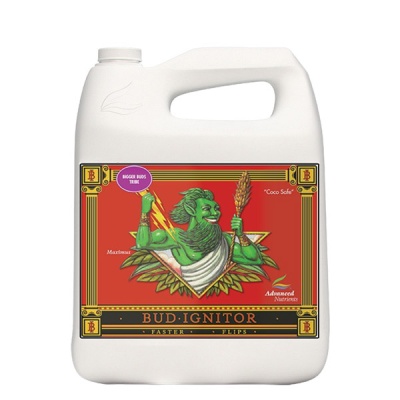 Recipiente branco com rótulo vermelho e ilustração verde e texto BUD IGNITOR