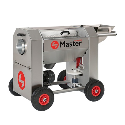 Máquina industrial metálica prateada com rodas e logótipo Master TRIMMERS