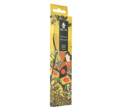Caixa amarela de incenso Samurai com ilustração de samurai e texto Koh-Do.