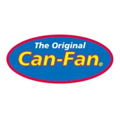 Logótipo oval azul e vermelho com texto Can-Fan em amarelo