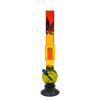 Bong colorido em vidro com base preta e folha estampada.