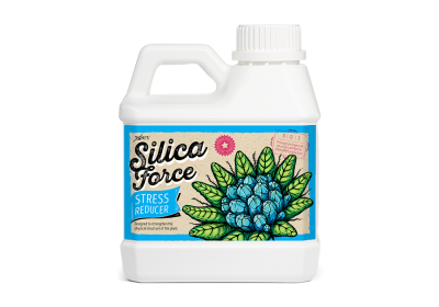 Frasco branco com etiqueta azul e bege com texto e ilustração de planta