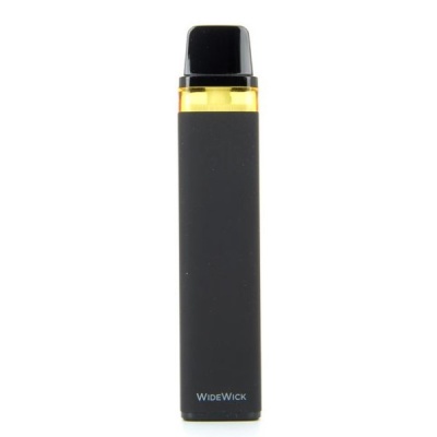 Dispositivo preto de vape com depósito amarelo e texto WIDEWICK