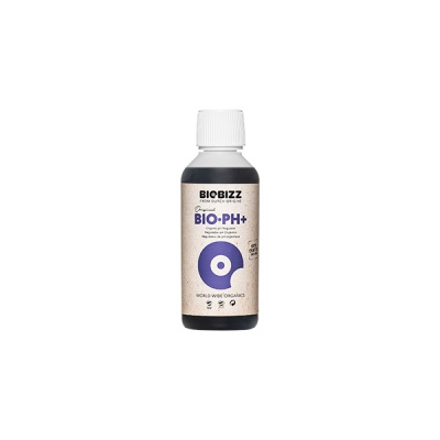 Frasco plástico preto com tampa branca e etiqueta bege com texto BIOBIZZ BIO·PH+