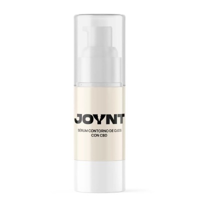 Frasco branco de sérum para olhos JOYNT com tampa transparente e texto preto