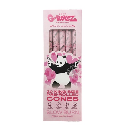 Caixa rosa de cones pré-enrolados G-Rollz com panda e corações