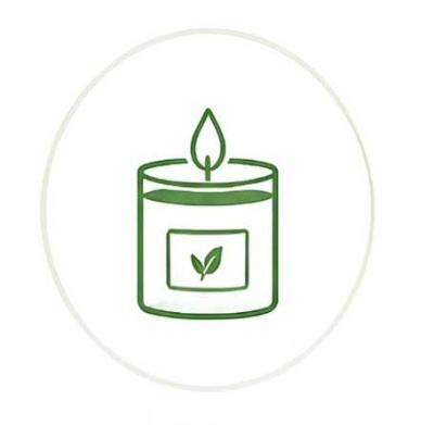 Ícone de vela com chama em forma de folha e rótulo com folhas verdes
