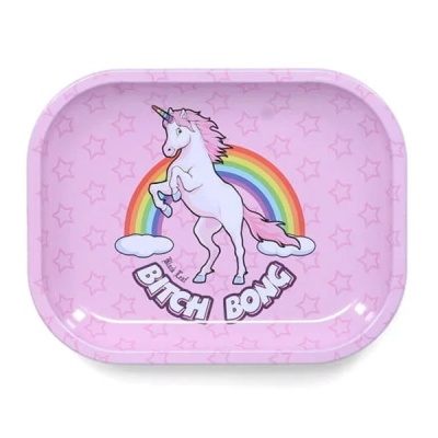 Tabuleiro cor-de-rosa com unicórnio e texto Bitch Bong