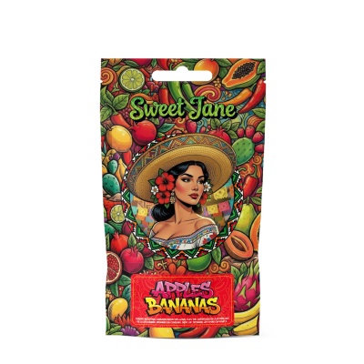 Pacote colorido com ilustração feminina e frutas, texto Sweet Jane e APPLES BANANAS