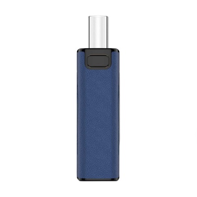 Dispositivo eletrónico portátil azul para vaporização com botão preto e boquilha transparente