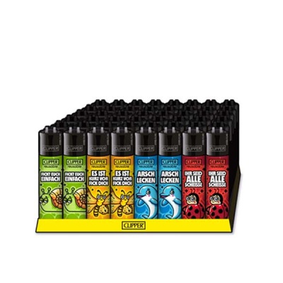 Conjunto de isqueiros Clipper coloridos com desenhos de animais e texto em alemão