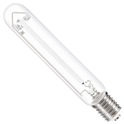 Lâmpada tubular transparente com rosca metálica prateada e filamentado interno