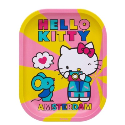 Tabuleiro decorativo com personagens Hello Kitty e rato, texto HELLO KITTY AMSTERDAM