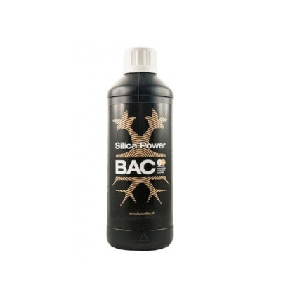 Frasco preto de plástico com tampa branca e rótulo BAC Silica Power.