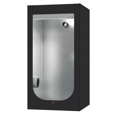 Gabinete de cultivo interno preto com painel frontal transparente curvo e interior refletor prateado