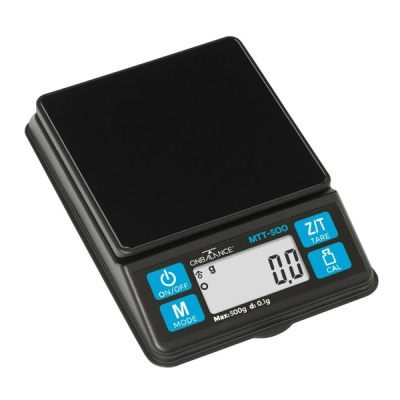 Balança digital preta ONBALANCE MTT-500 com ecrã e botões azuis