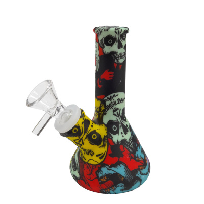 Bong de silicone com padrão colorido de caveiras e bocal de vidro transparente