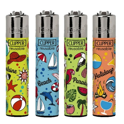 Isqueiros Clipper reutilizáveis coloridos com desenhos de praia e verão.
