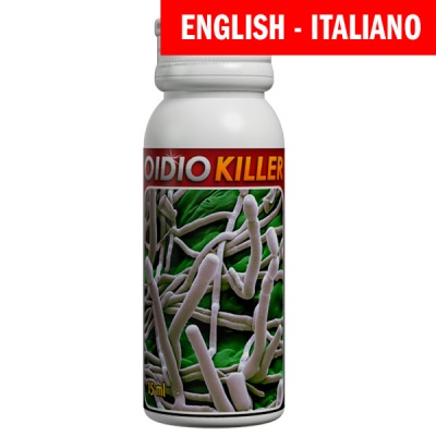 Frasco branco com rótulo colorido mostrando fungos brancos e texto OIDIO KILLER