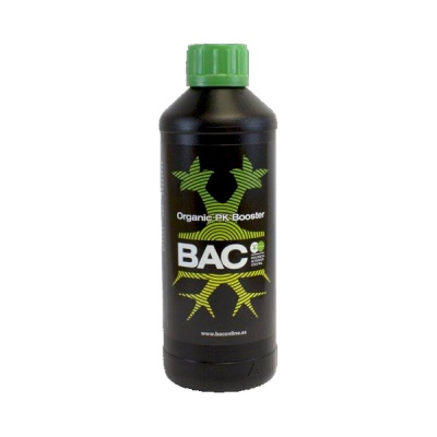 Frasco plástico preto com tampa verde e rótulo Organic PK Booster BAC