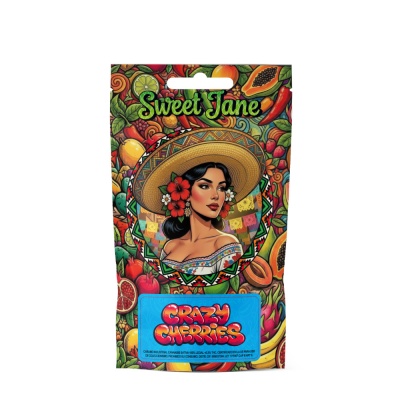 Embalagem colorida com ilustração de mulher, frutas e texto Sweet Jane e Crazy Cherries.