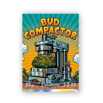 Embalagem colorida com ilustração de compactador metálico e ramo verde