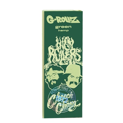 Embalagem verde de papel de enrolar G-ROLLZ com design gráfico e texto