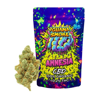 Pacote colorido psicadélico com texto e flor de cannabis verde