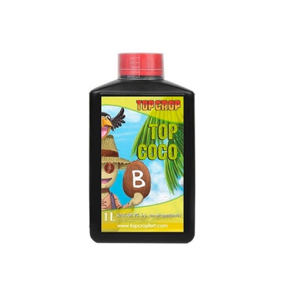 Recipiente preto com rótulo colorido e tampa vermelha da solução TOP CROP TOP COCO 1L