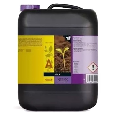 Recipiente plástico preto com tampa roxa e etiqueta colorida de produto para plantas.