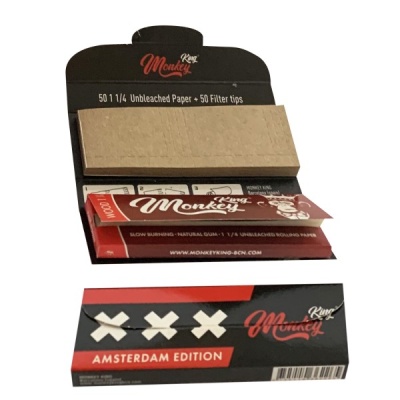 Conjunto King Monkey com papel de enrolar e filtros em embalagem preta, vermelha e castanha