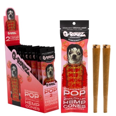 Pacote e cones pré-enrolados de cânhamo G-ROLLZ Strawberry POP com imagem de cão em uniforme vermelho.