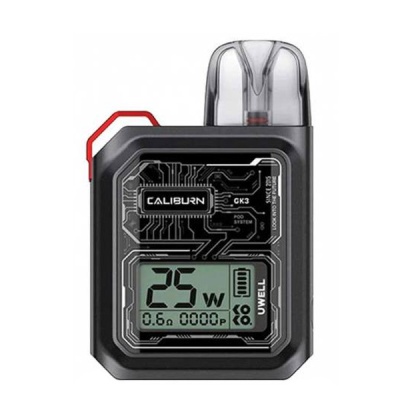 Dispositivo de vaping Caliburn GK3 preto com visor digital