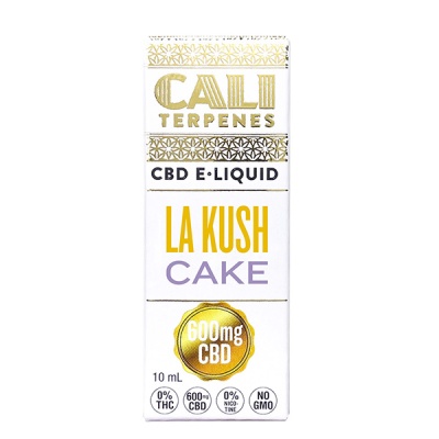 Embalagem de CBD E-LIQUID branco e dourado CALI TERPENES LA KUSH CAKE 600mg CBD