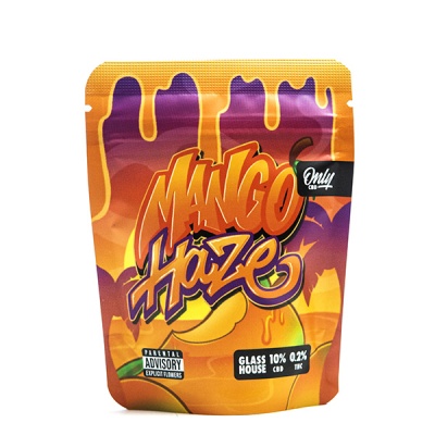 Embalagem de plástico colorida com texto Mango Haze e informações CBD e THC