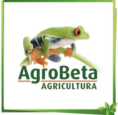 Sapo colorido sobre texto AgroBeta AGRICULTURA com borda verde e folhas